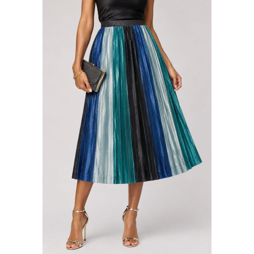 Maeve Anthropologie Metallic Pleated Midi Skirt M Blue Teal Striped A-Line